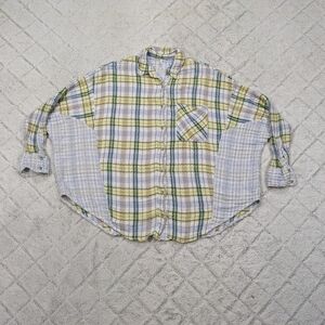 Free People Shirt Women's S Green Blue Plaid One Of The Guys Button Up Oversized